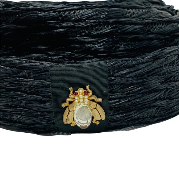 Vintage 1950s Round Black Straw Hat Rhinestone Fly Detail Styled by Phipps main image 4